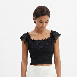 Vintage Andy Blanco Blouse Black Y2K Lace Whimsigoth Coquette Smocked S